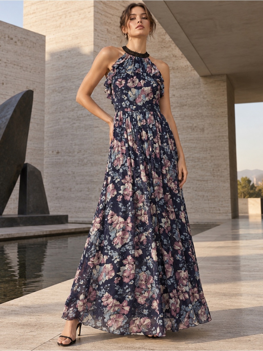 Marchesa Notte Navy Floral Halter Maxi Dress - Sz 0
